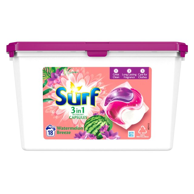 Surf 3 en 1 pastèque Breeze Capsules de lavage 18 par paquet
